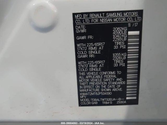 39004063 :رقم المزاد ، KNMAT2MT8JP534190 vin ، 2018 Nissan Rogue Sv مزاد بيع