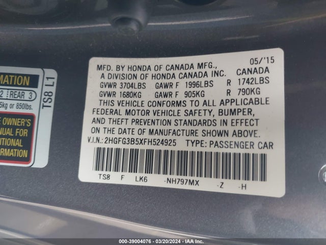 Honda Civic Lx 2015 2HGFG3B5XFH524925 Image 9