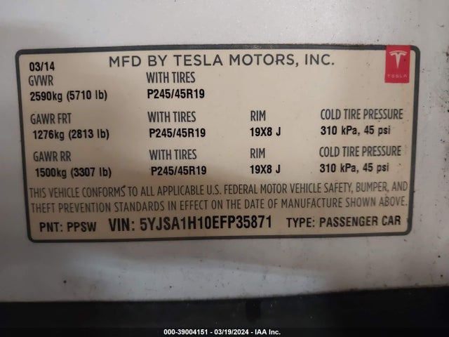 5YJSA1H10EFP35871 Tesla Model S P85
