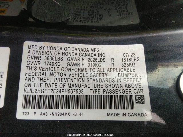 Honda Civic Lx 2023 2HGFE2F24PH567593 Image 9