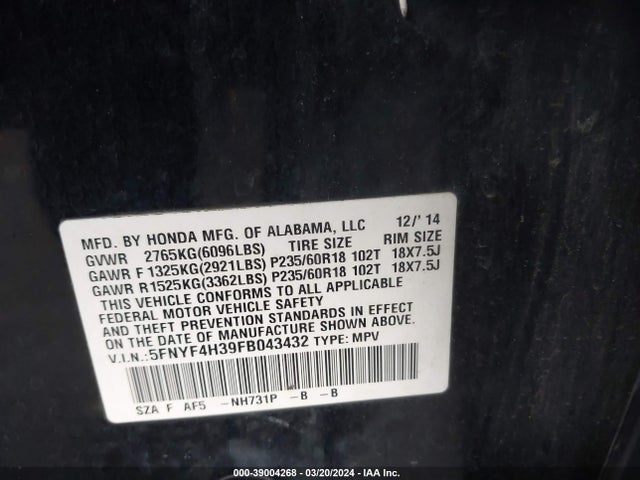 Honda PILOT SE 2015 5FNYF4H39FB043432 Image 9