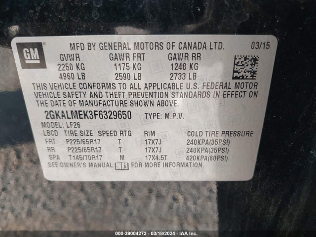 GMC Terrain Sle-1 2015 2GKALMEK3F6329650 Image 9
