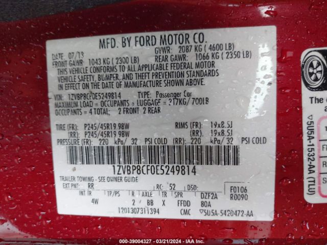 1ZVBP8CF0E5249814 Ford Mustang Gt Premium