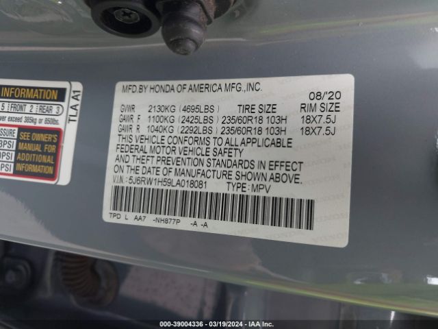 5J6RW1H59LA018081 Honda Cr-v 2wd Ex