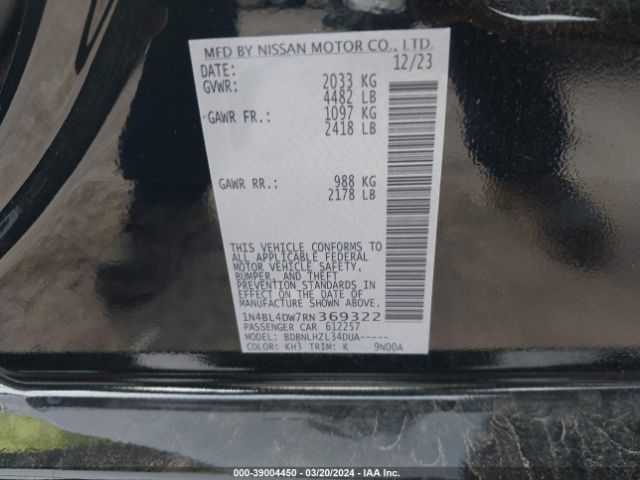 1N4BL4DW7RN369322 Nissan Altima Sv Intelligent Awd