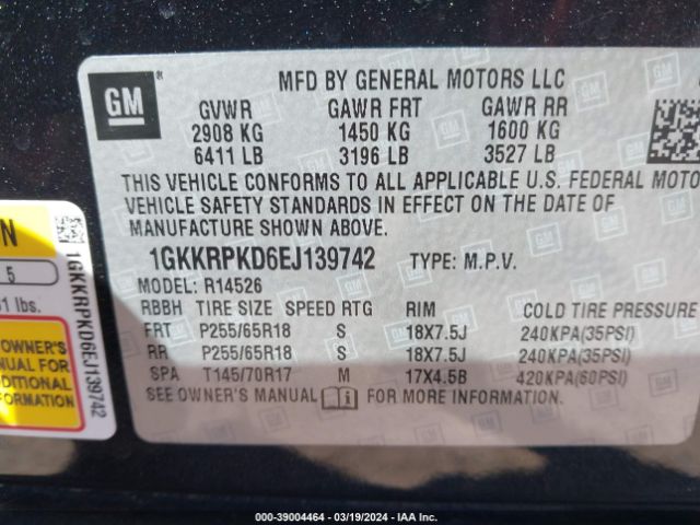 1GKKRPKD6EJ139742 GMC Acadia Sle-2