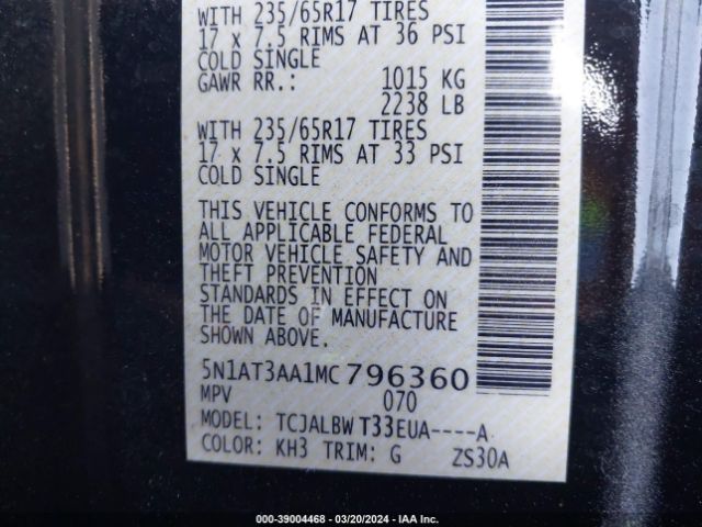 5N1AT3AA1MC796360 Nissan Rogue S Fwd