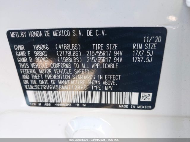 3CZRU6H58MM712865 Honda Hr-v Awd Ex