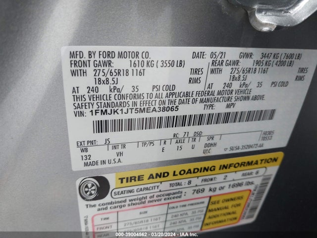Ford Expedition Xlt Max 2021 1FMJK1JT5MEA38065 Image 9