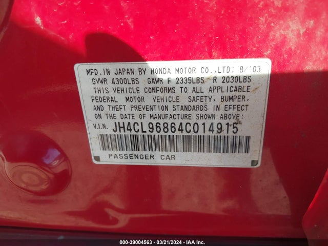 39004563 :رقم المزاد ، JH4CL96864C014915 vin ، 2004 Acura Tsx مزاد بيع