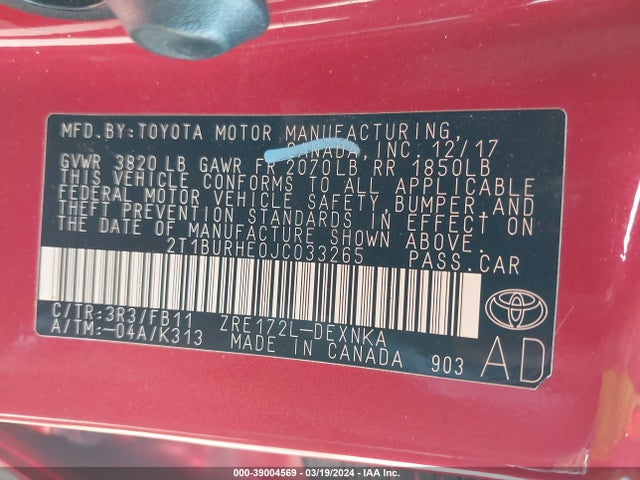 Toyota COROLLA LE 2018 2T1BURHE0JC033265 Image 9