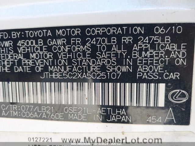 Продаж на аукціоні авто 2010 Lexus Is 350, vin: JTHBE5C2XA5025107, номер лоту: 39004586