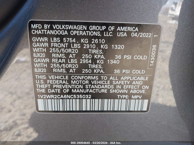 1V2WR2CA6NC535032 Volkswagen Atlas 3.6l V6 Se W/technology