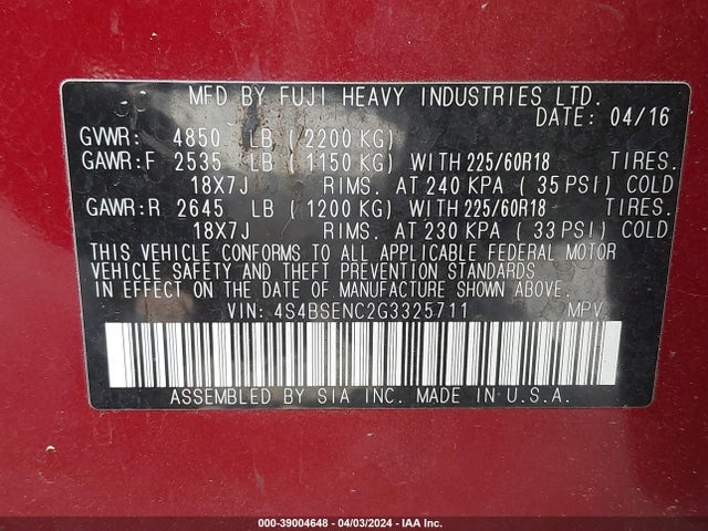 Subaru Outback 3.6r Limited 2016 4S4BSENC2G3325711 Image 9