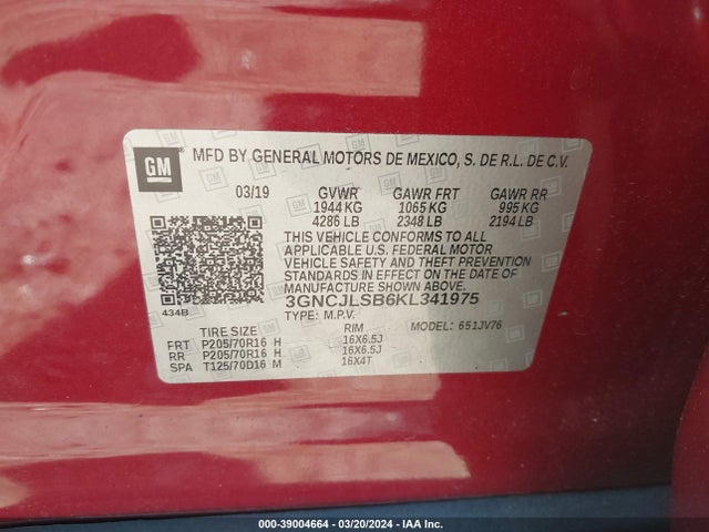 Chevrolet Trax Lt 2019 3GNCJLSB6KL341975 Image 9