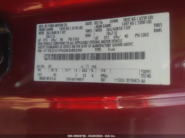 1FTEX1CP8GKD85290 Ford F-150 Xlt