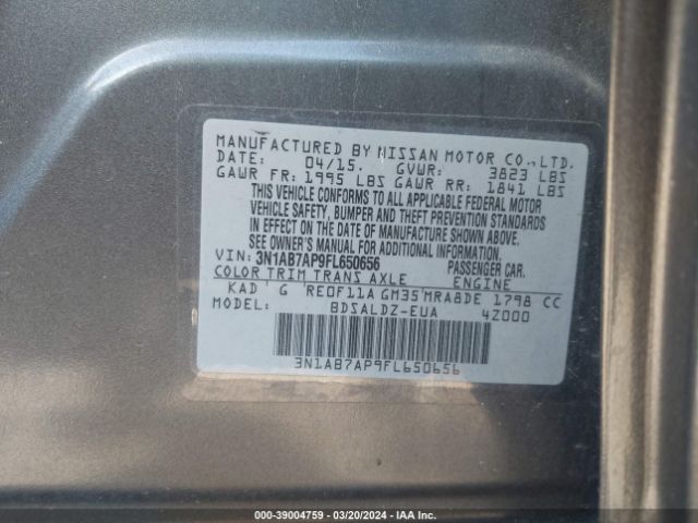 3N1AB7AP9FL650656 Nissan Sentra Fe+ S/s/sl/sr/sv