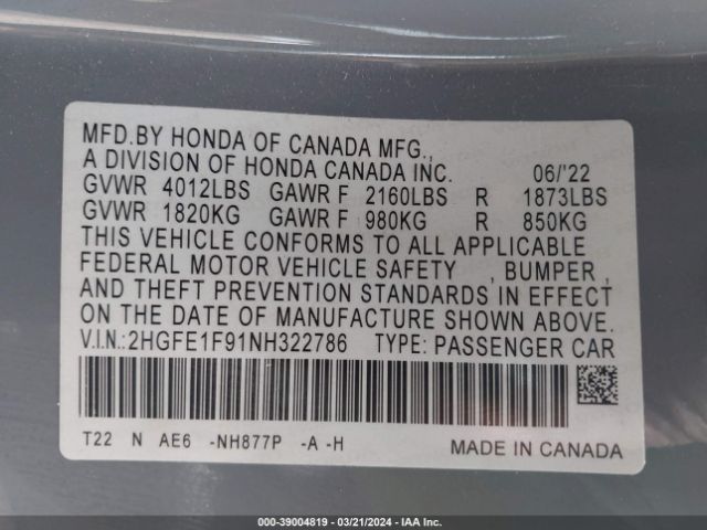 2HGFE1F91NH322786 Honda Civic Touring
