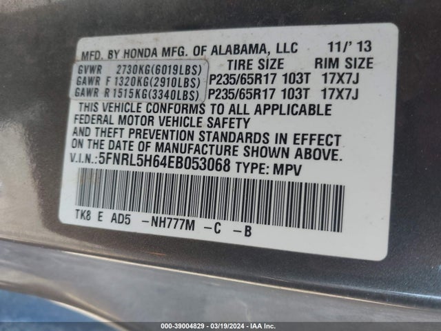 Honda Odyssey Ex-l 2014 5FNRL5H64EB053068 Image 9