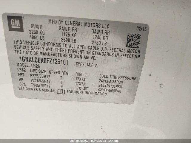 Chevrolet Equinox 2lt 2015 1GNALCEK0FZ125101 Image 9