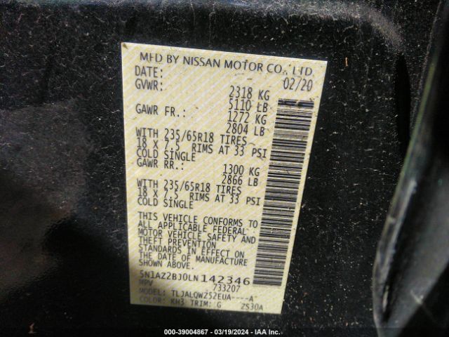 5N1AZ2BJ0LN142346 Nissan Murano Sv Fwd