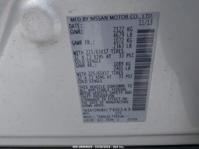 5N1AT2MV8EC760143 Nissan ROGUE SV