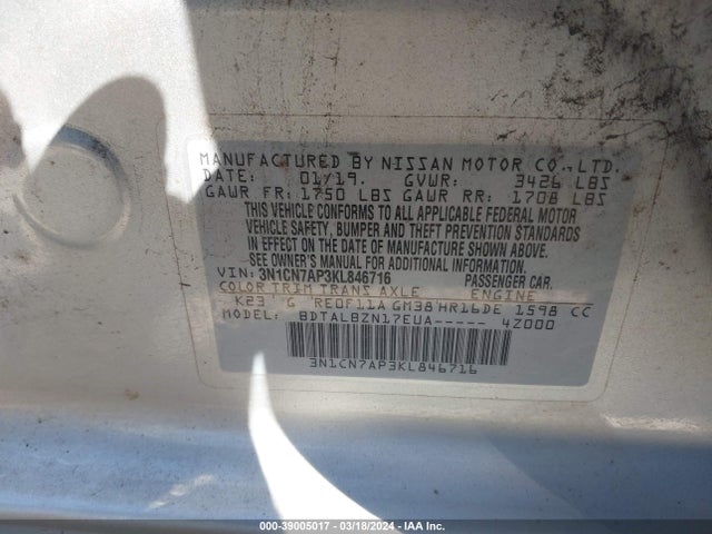 Nissan Versa 1.6 Sv 2019 3N1CN7AP3KL846716 Image 9