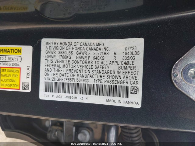 Honda Civic Sport 2023 2HGFE2F56PH564933 Image 9