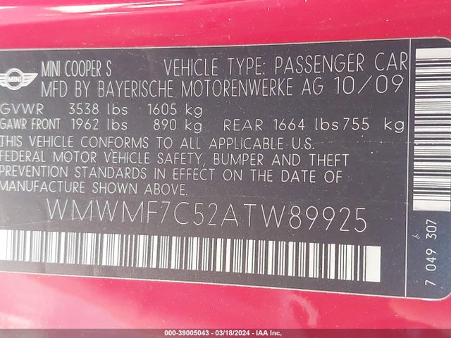 2010 MINI COOPER S WMWMF7C52ATW89925 Photo 8