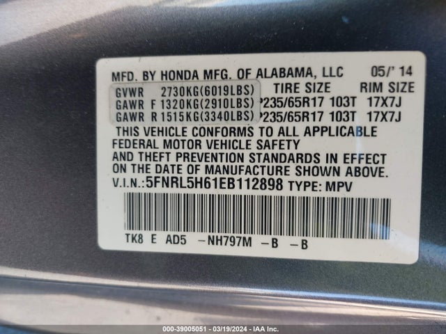 Honda Odyssey Ex-l 2014 5FNRL5H61EB112898 Image 9