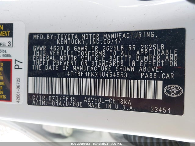 Toyota CAMRY SE 2017 4T1BF1FKXHU454553 Image 9