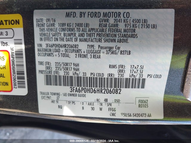 Ford FUSION SE 2017 3FA6P0HD6HR206082 Image 9