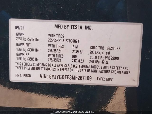 5YJYGDEF3MF267109 Tesla Model Y Performance Dual Motor All-wheel Drive