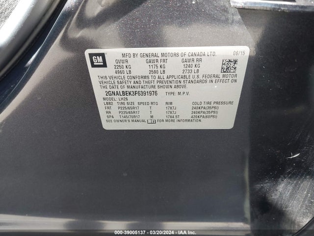 Chevrolet EQUINOX 1LT 2015 2GNALBEK3F6391976 Image 9
