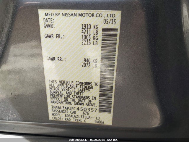 Nissan Altima 2.5 S 2015 1N4AL3AP1FC450357 Image 9