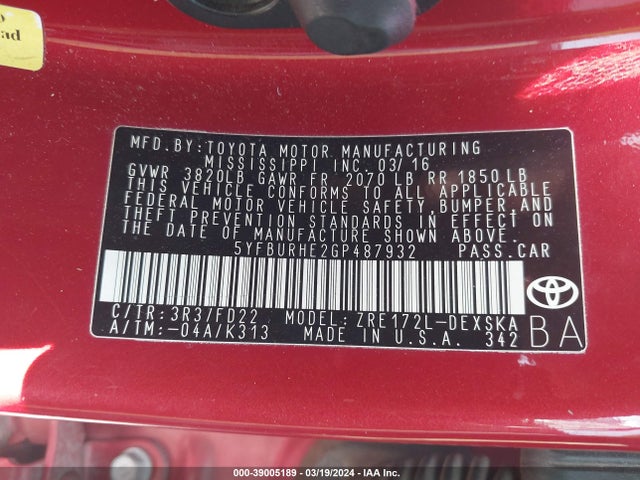Toyota Corolla S Plus 2016 5YFBURHE2GP487932 Image 9