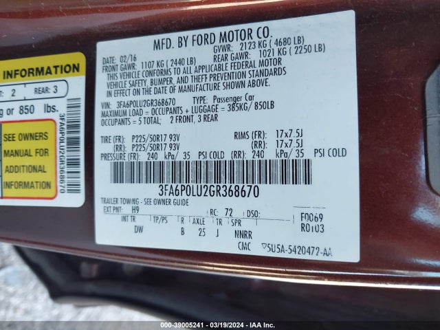 Ford Fusion Hybrid Se 2016 3FA6P0LU2GR368670 Image 9