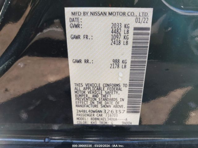 1N4BL4DW6NN326357 Nissan Altima Sv Intelligent Awd