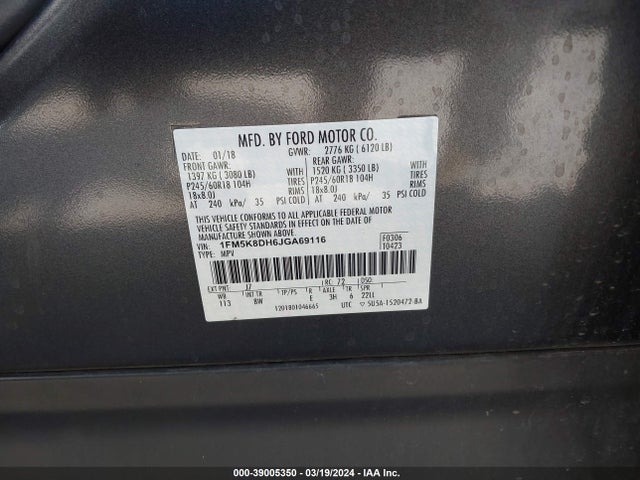 1FM5K8DH6JGA69116 Ford EXPLORER XLT