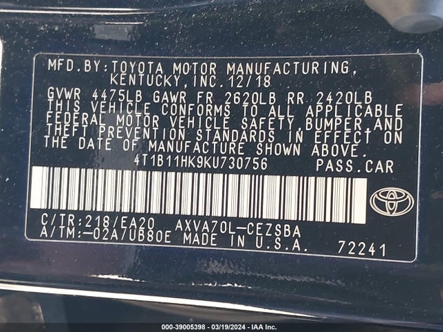Toyota CAMRY SE 2019 4T1B11HK9KU730756 Image 9