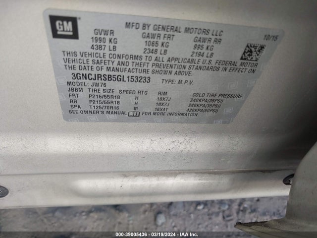 Chevrolet TRAX LTZ 2016 3GNCJRSB5GL153233 Image 9