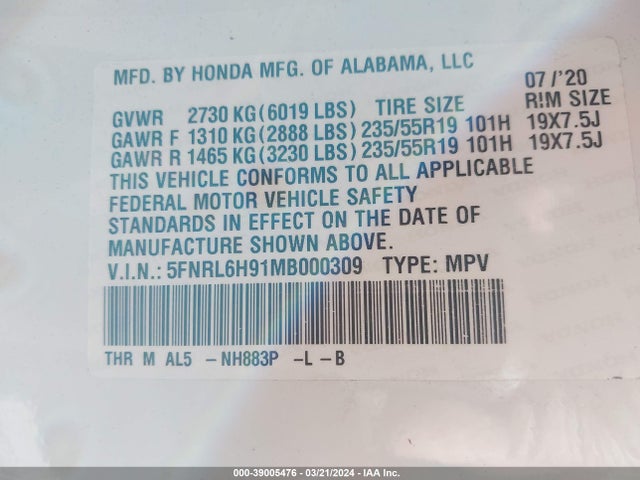 5FNRL6H91MB000309 Honda Odyssey Elite