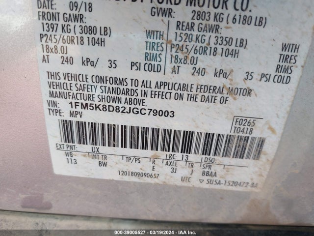 Ford EXPLORER XLT 2018 1FM5K8D82JGC79003 Image 9