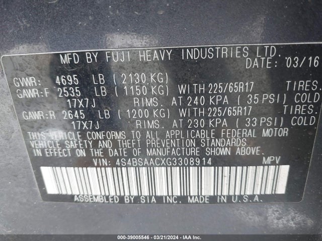 Subaru Outback 2.5i 2016 4S4BSAACXG3308914 Image 9
