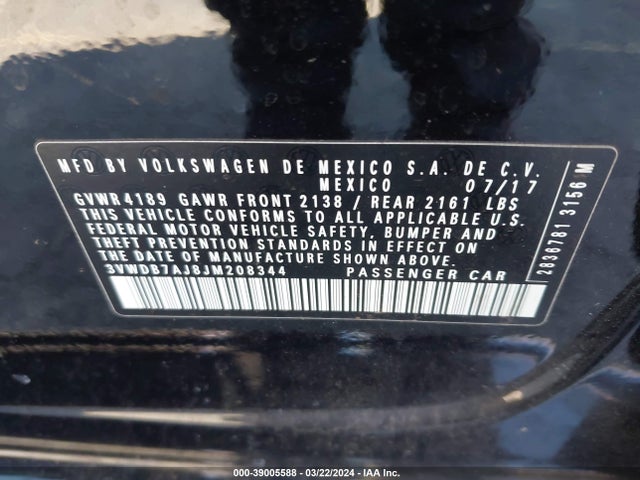 3VWDB7AJ8JM208344 Volkswagen Jetta 1.4t Se/1.4t Wolfsburg Edition