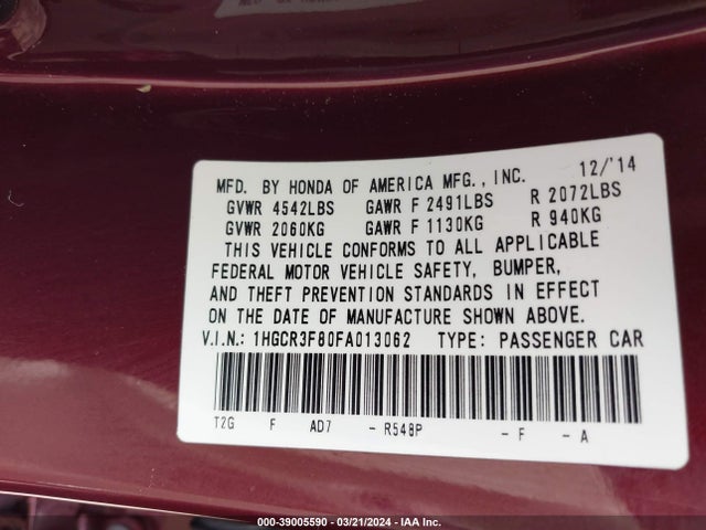 Honda Accord Ex-l V-6 2015 1HGCR3F80FA013062 Image 9