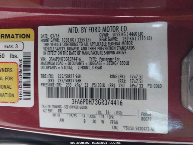 Ford FUSION SE 2016 3FA6P0H73GR374416 Image 9