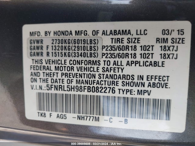 Honda Odyssey Touring/touring Elite 2015 5FNRL5H98FB082276 Image 9