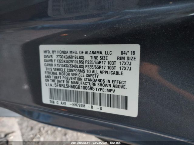 5FNRL5H60GB100695 Honda Odyssey Ex-l