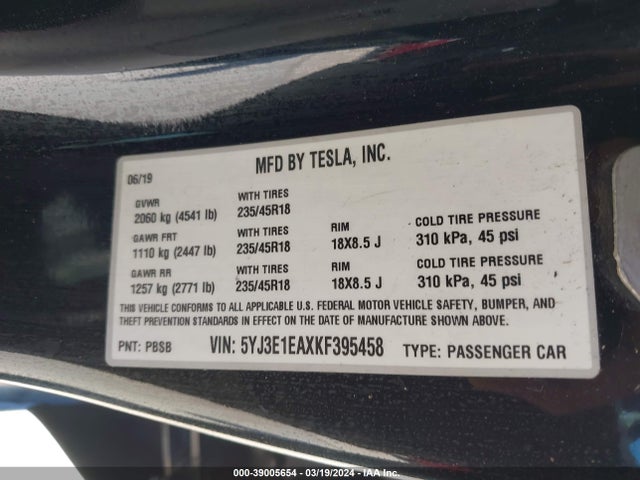 Tesla Model 3 Long Range/mid Range/standard Range/standard Range Plus 2019 5YJ3E1EAXKF395458 Image 9
